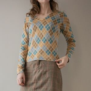 Y2K Banana Republic Plaid Argyle Brown Blue Silk Wool Preppy Academia Sweater